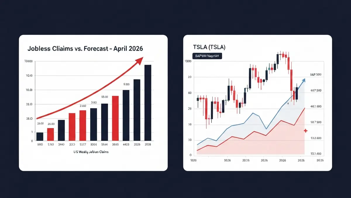 2026년 4월 23일 미국 실업수당 청구 증가 및 테슬라 TSLA 주가 하락 차트 인포그래픽