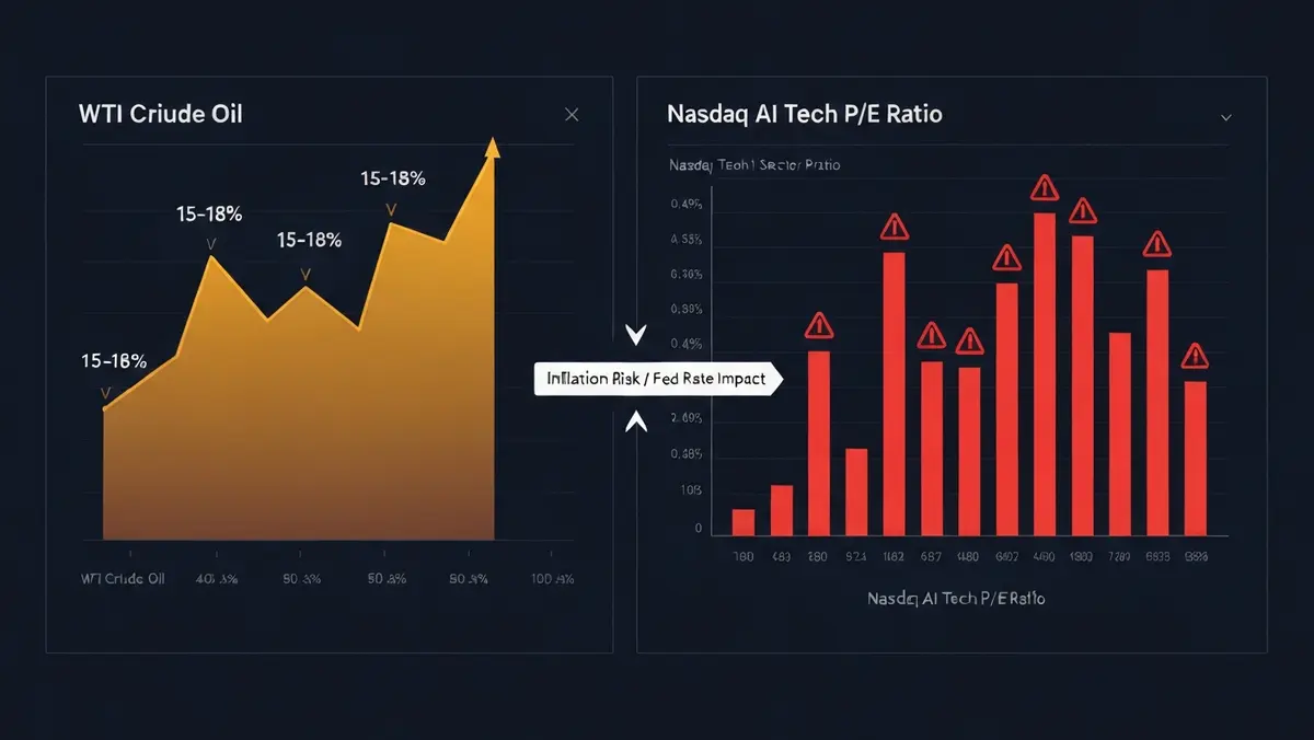 WTI 원유 가격 상승 추이와 나스닥 AI 기술주 P/E 밸류에이션 비교 차트 2026