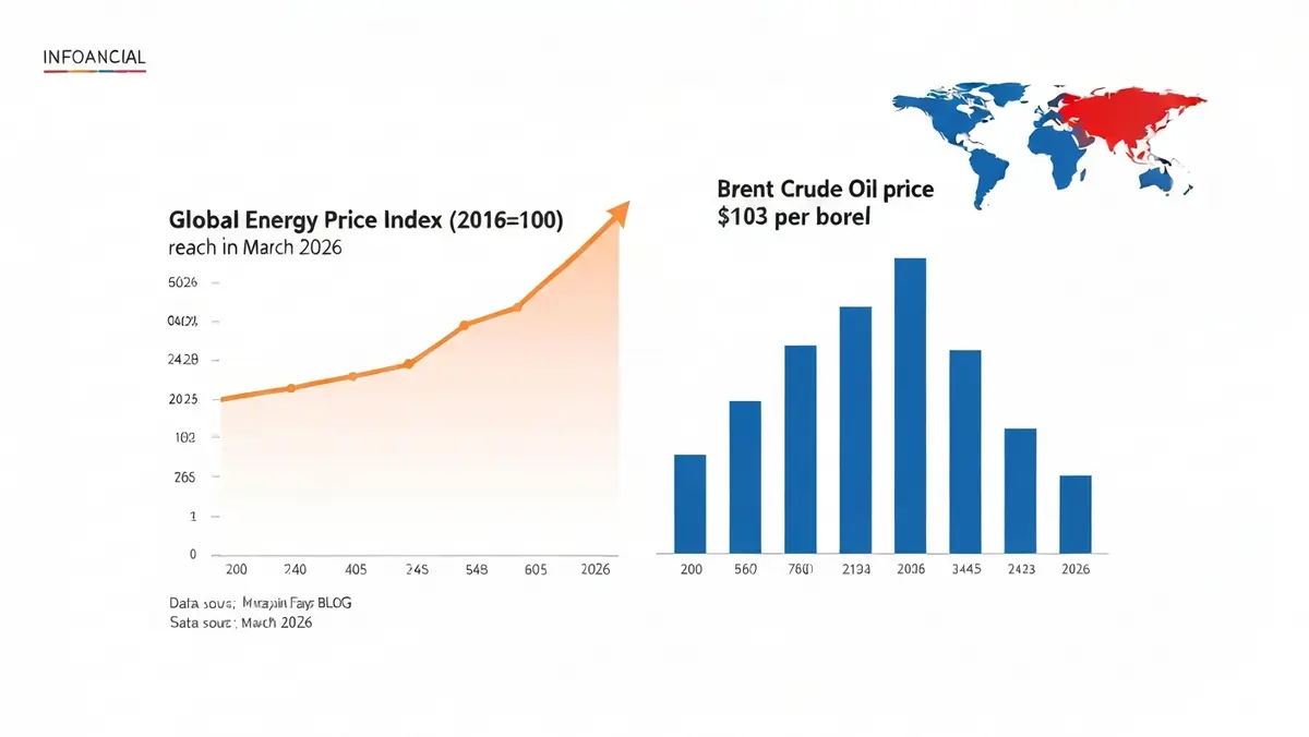 2026년 3월 글로벌 에너지 가격 지수 242.28 및 브렌트유 가격 $103 추이 차트