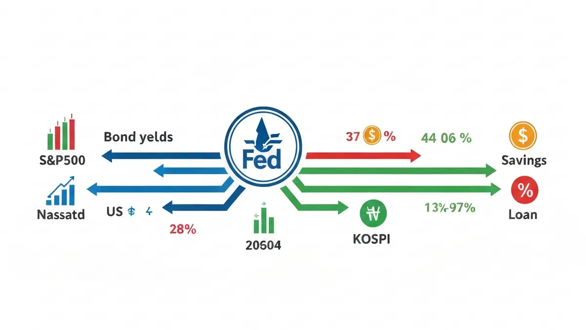 Fed 금리 결정이 글로벌 금융 시장과 한국 코스피·원달러 환율에 미치는 파급 경로 인포그래픽