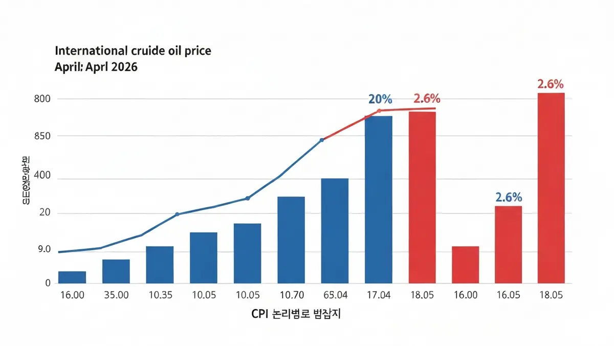 2026년 4월 국제유가 상승률과 한국 소비자물가 2.6% 상승 차트