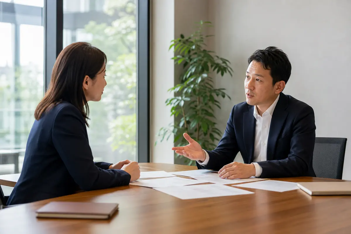 밝은 회의실에서 두 명의 전문가가 서류를 사이에 두고 마주 앉아 대화하는 모습