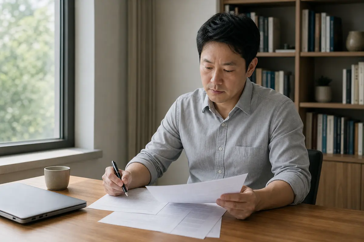 30대 후반 남성 개인 투자자가 홈 오피스 목재 책상에서 인쇄된 금융 문서를 검토하는 장면