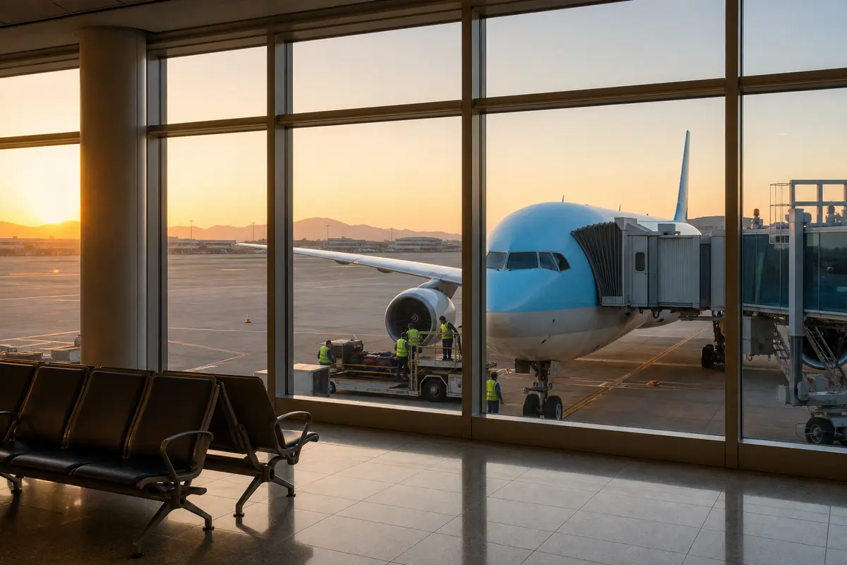 공항 게이트 창 너머로 보이는 대형 여객기와 수하물을 싣는 지상 직원들