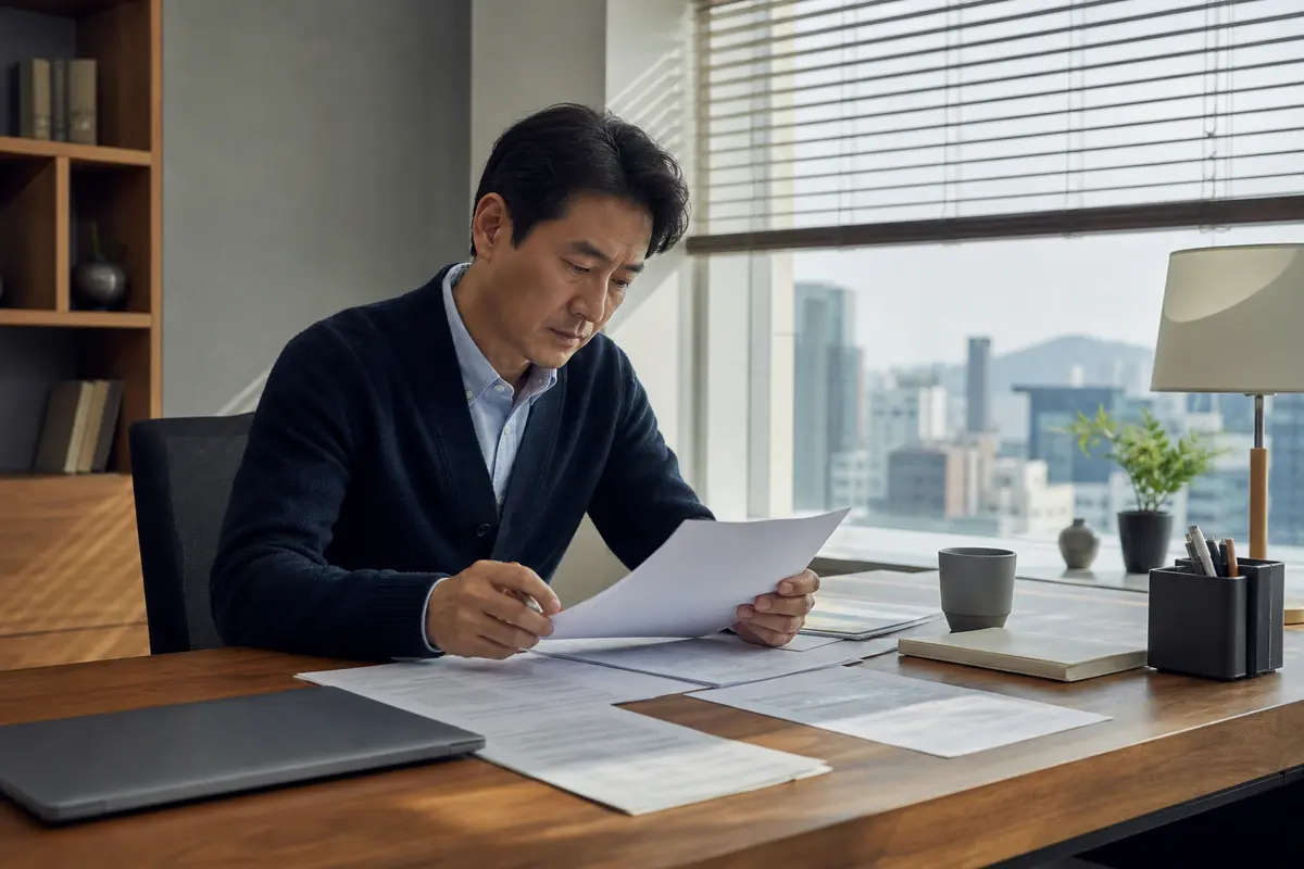 사무실 창가에서 서류를 검토 중인 40대 직장인 남성